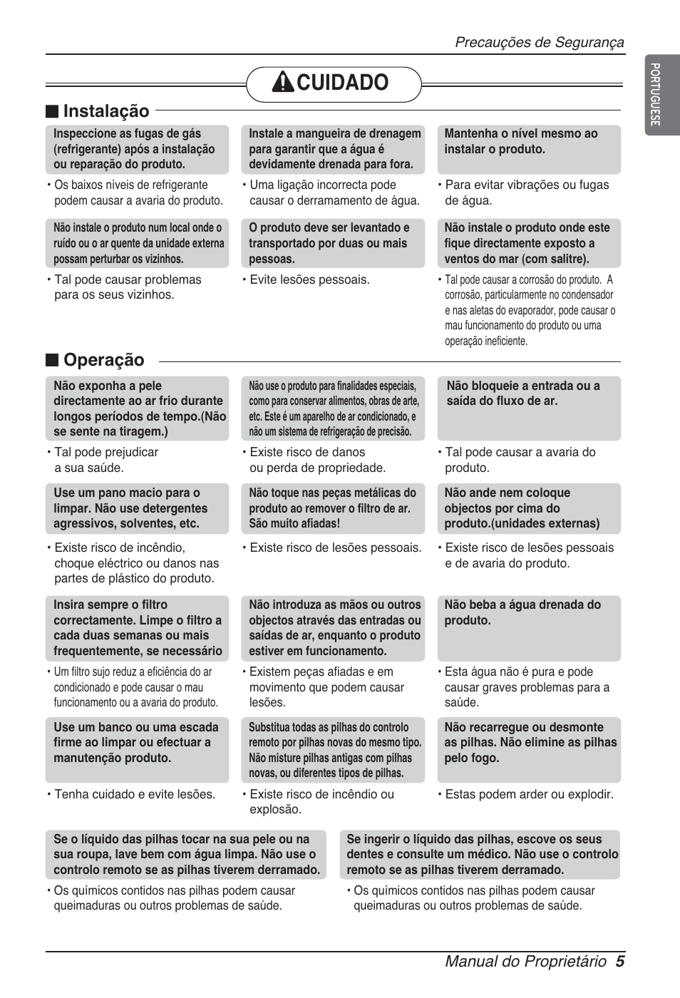 Cuidado, N instalação, N operação | Manual do proprietário 5 | LG ARNU12GSFV2 User Manual | Page 145 / 267