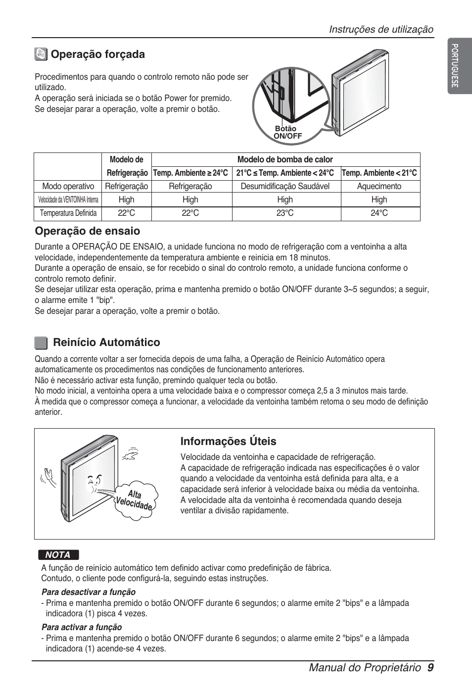 Manual do proprietário 9, Operação forçada reinício automático, Informações úteis | Operação de ensaio | LG ARNU12GSFV2 User Manual | Page 149 / 267