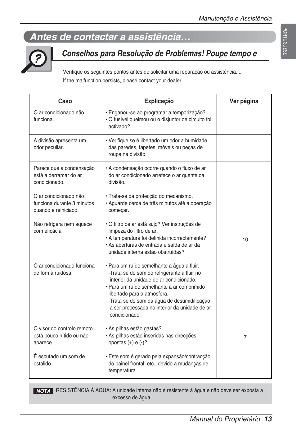 Antes de contactar a assistência, Manual do proprietário 13 | LG ARNU12GSFV2 User Manual | Page 153 / 267