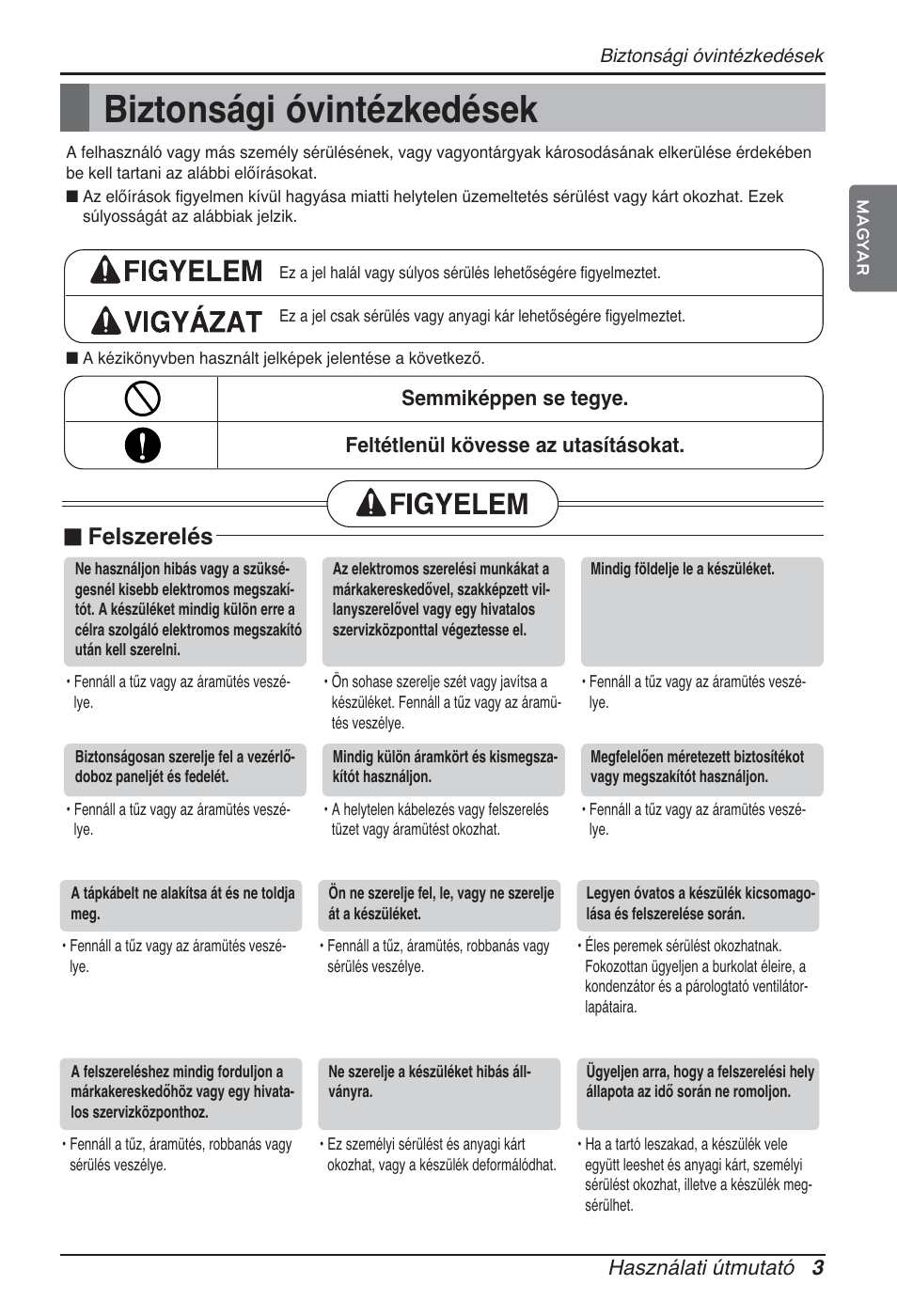 Biztonsági óvintézkedések, N felszerelés, Használati útmutató 3 | LG ARNU12GSFV2 User Manual | Page 157 / 267