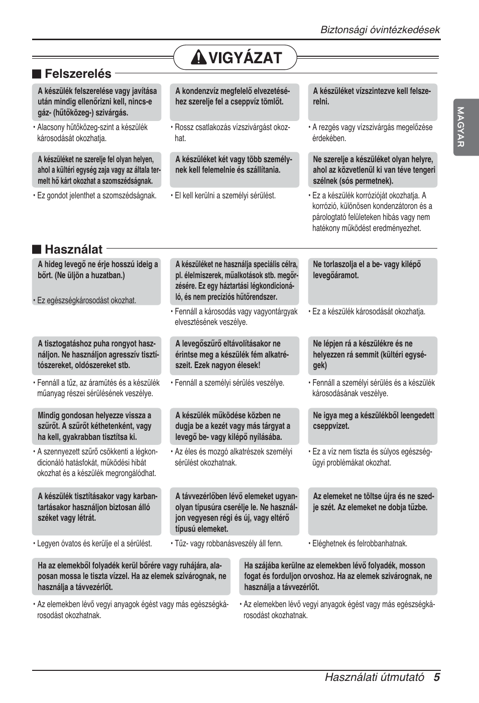 N használat, N felszerelés, Használati útmutató 5 | LG ARNU12GSFV2 User Manual | Page 159 / 267