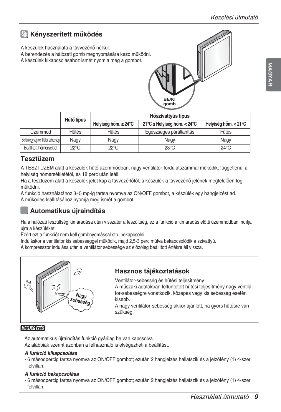 Használati útmutató 9, Kényszerített működés automatikus újraindítás, Hasznos tájékoztatások | Tesztüzem | LG ARNU12GSFV2 User Manual | Page 163 / 267