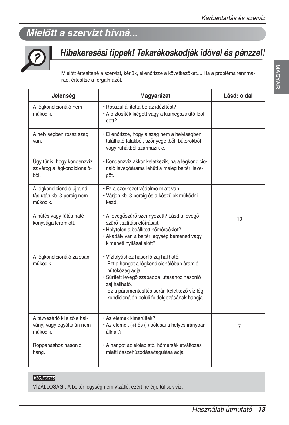 Mielőtt a szervizt hívná, Használati útmutató 13 | LG ARNU12GSFV2 User Manual | Page 167 / 267