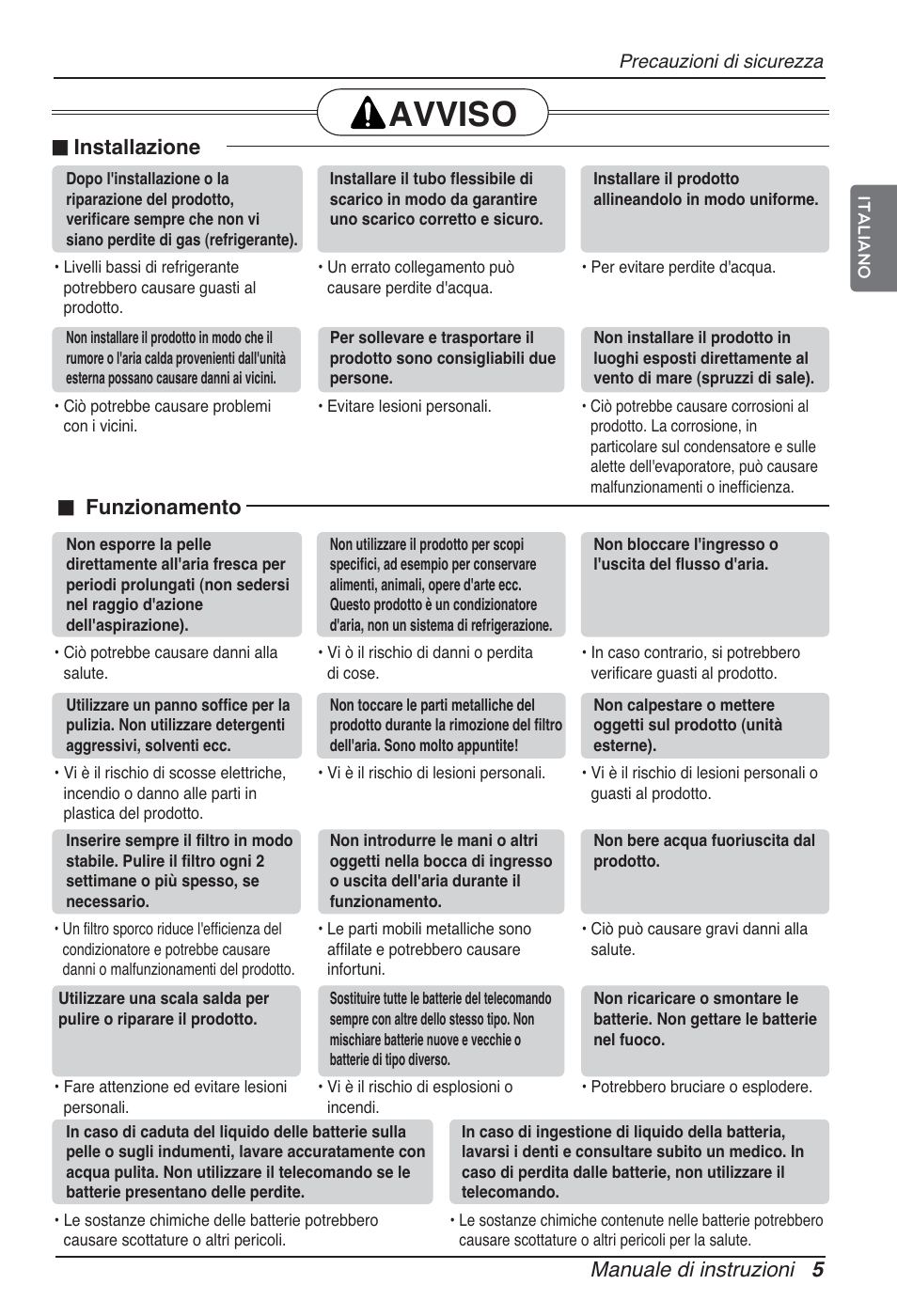 Avviso, Manuale di instruzioni 5, N installazione | N funzionamento | LG ARNU12GSFV2 User Manual | Page 19 / 267