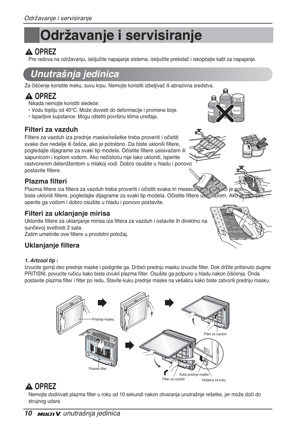 Održavanje i servisiranje, Unutrašnja jedinica, Oprez | LG ARNU12GSFV2 User Manual | Page 192 / 267