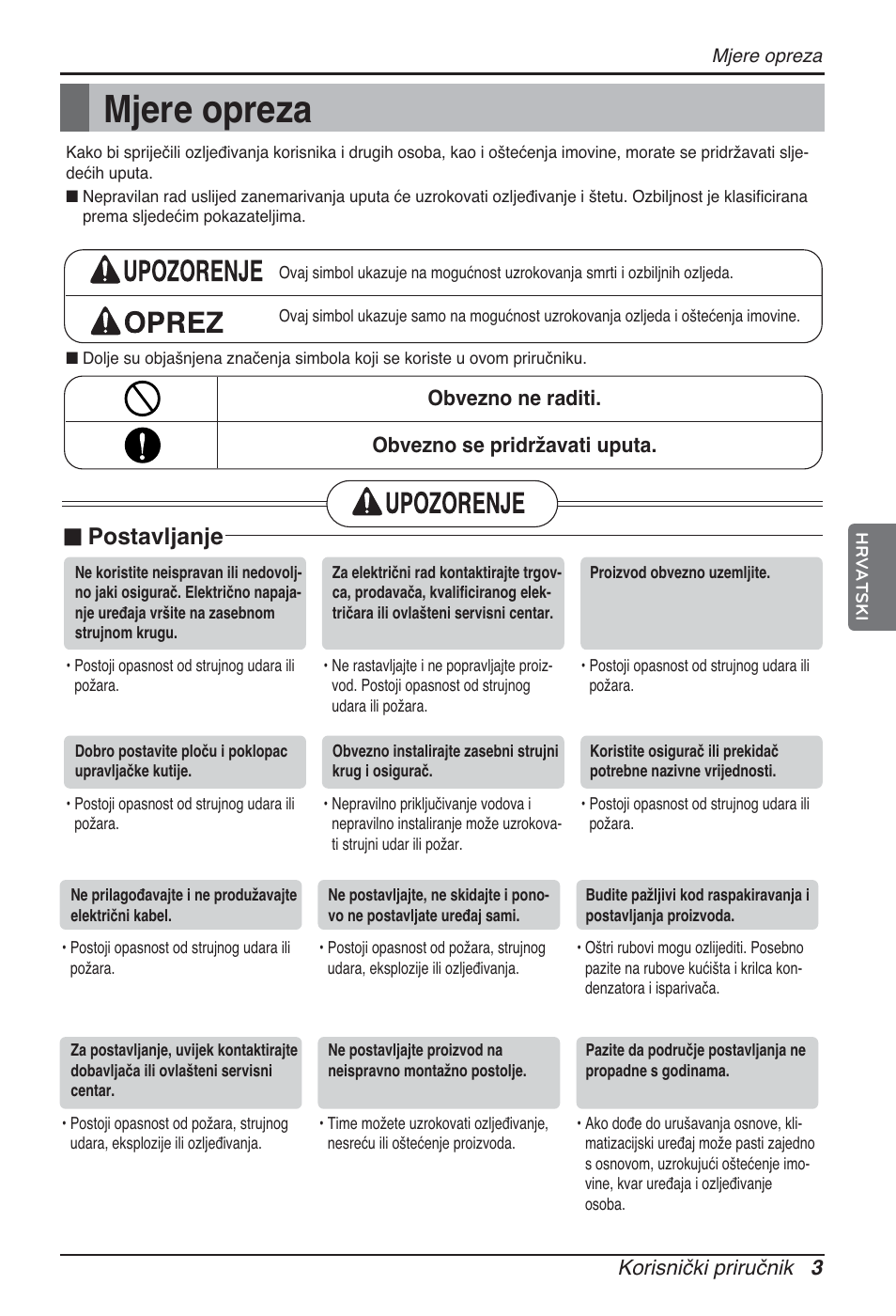 Mjere opreza, N postavljanje, Korisnički priručnik 3 | Obvezno ne raditi. obvezno se pridržavati uputa | LG ARNU12GSFV2 User Manual | Page 199 / 267