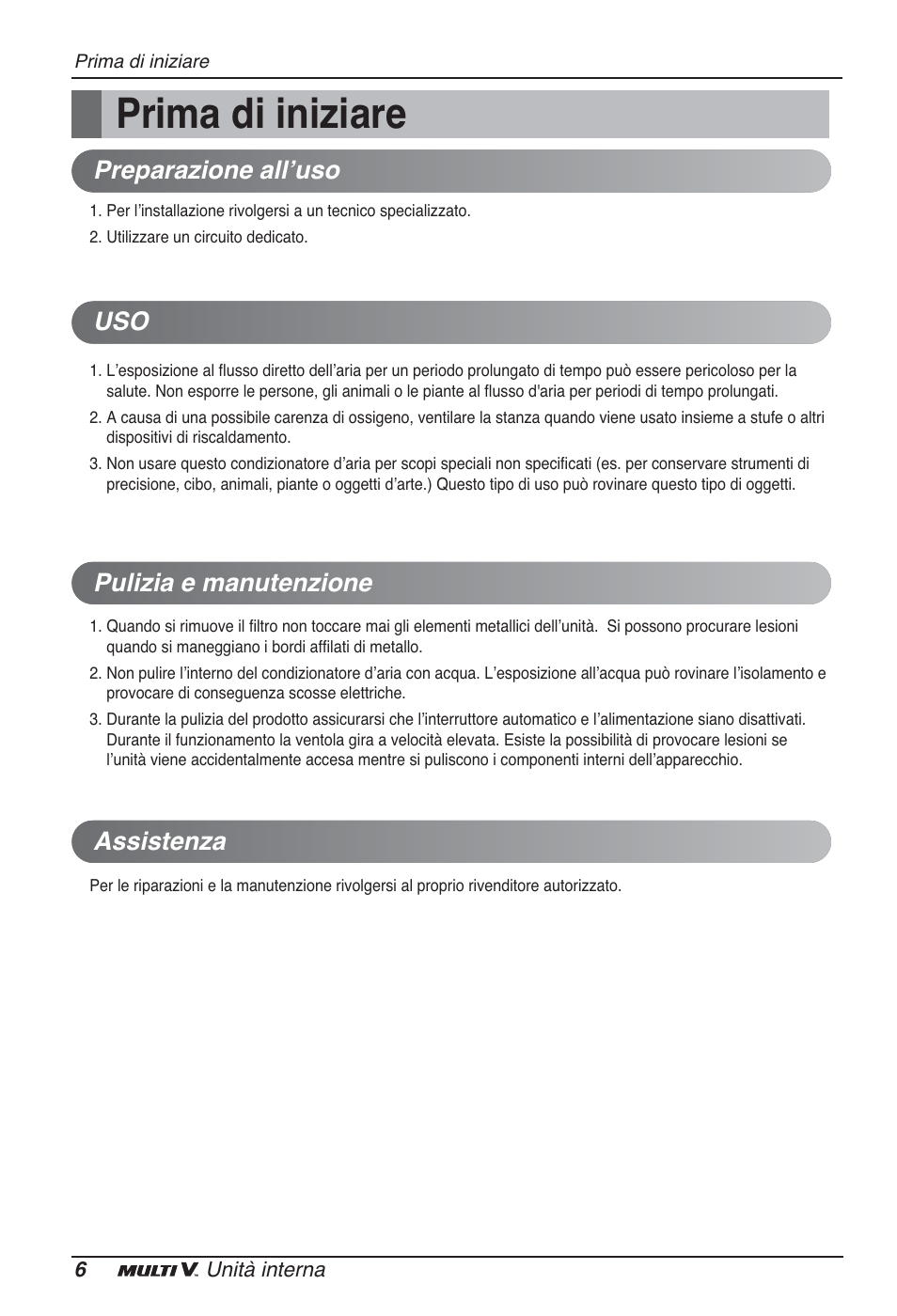 Prima di iniziare, Preparazione allʼuso, Pulizia e manutenzione | Assistenza | LG ARNU12GSFV2 User Manual | Page 20 / 267