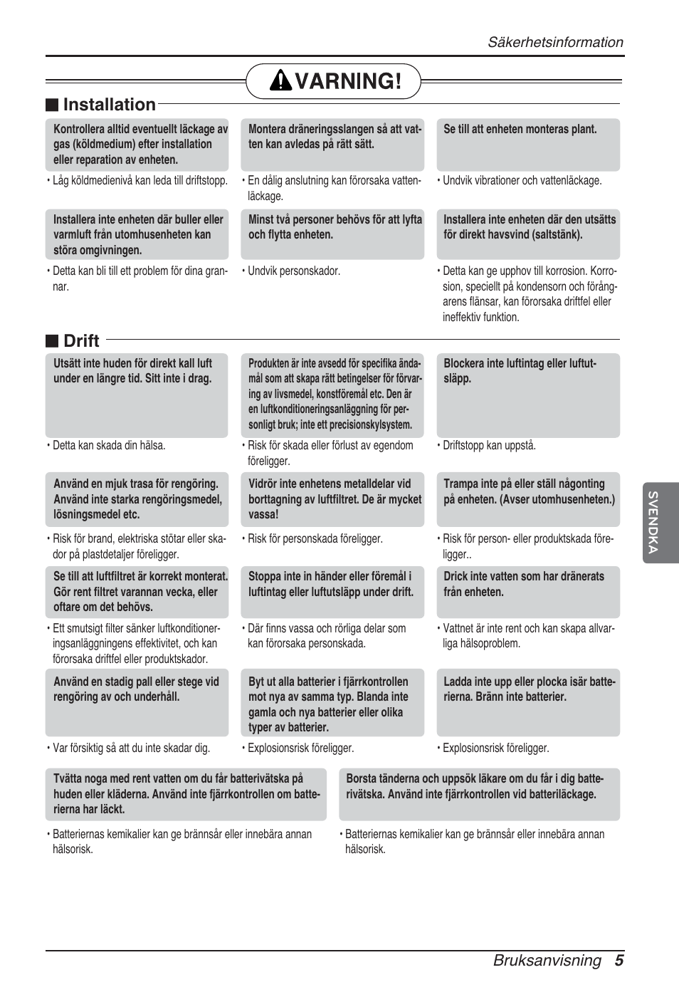 N installation, N drift, Bruksanvisning 5 | LG ARNU12GSFV2 User Manual | Page 215 / 267