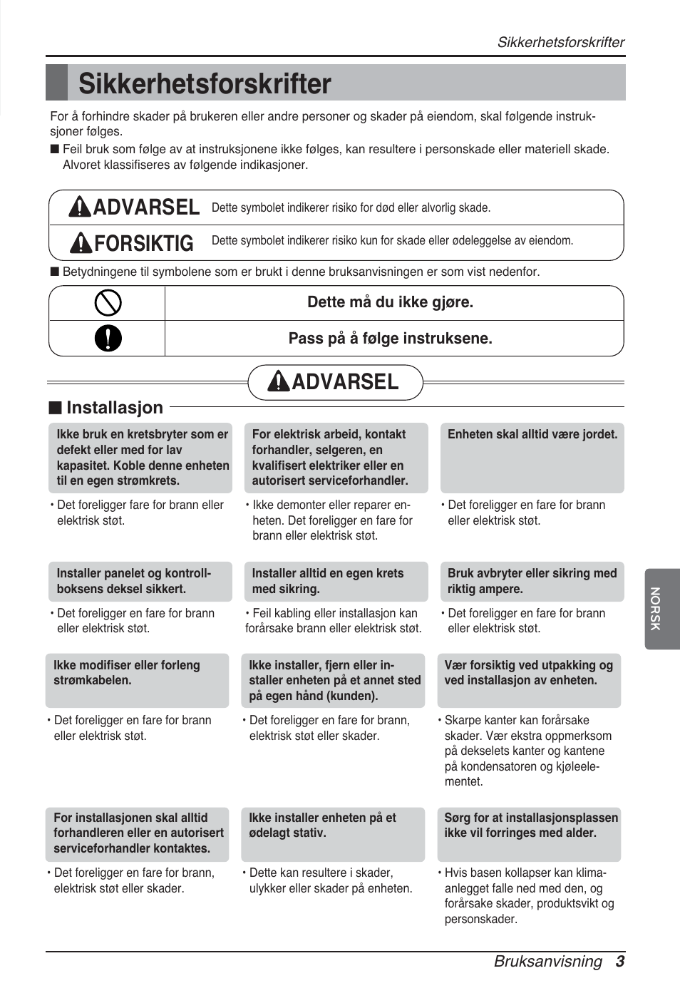 Sikkerhetsforskrifter, Advarsel forsiktig, Advarsel | N installasjon | LG ARNU12GSFV2 User Manual | Page 227 / 267