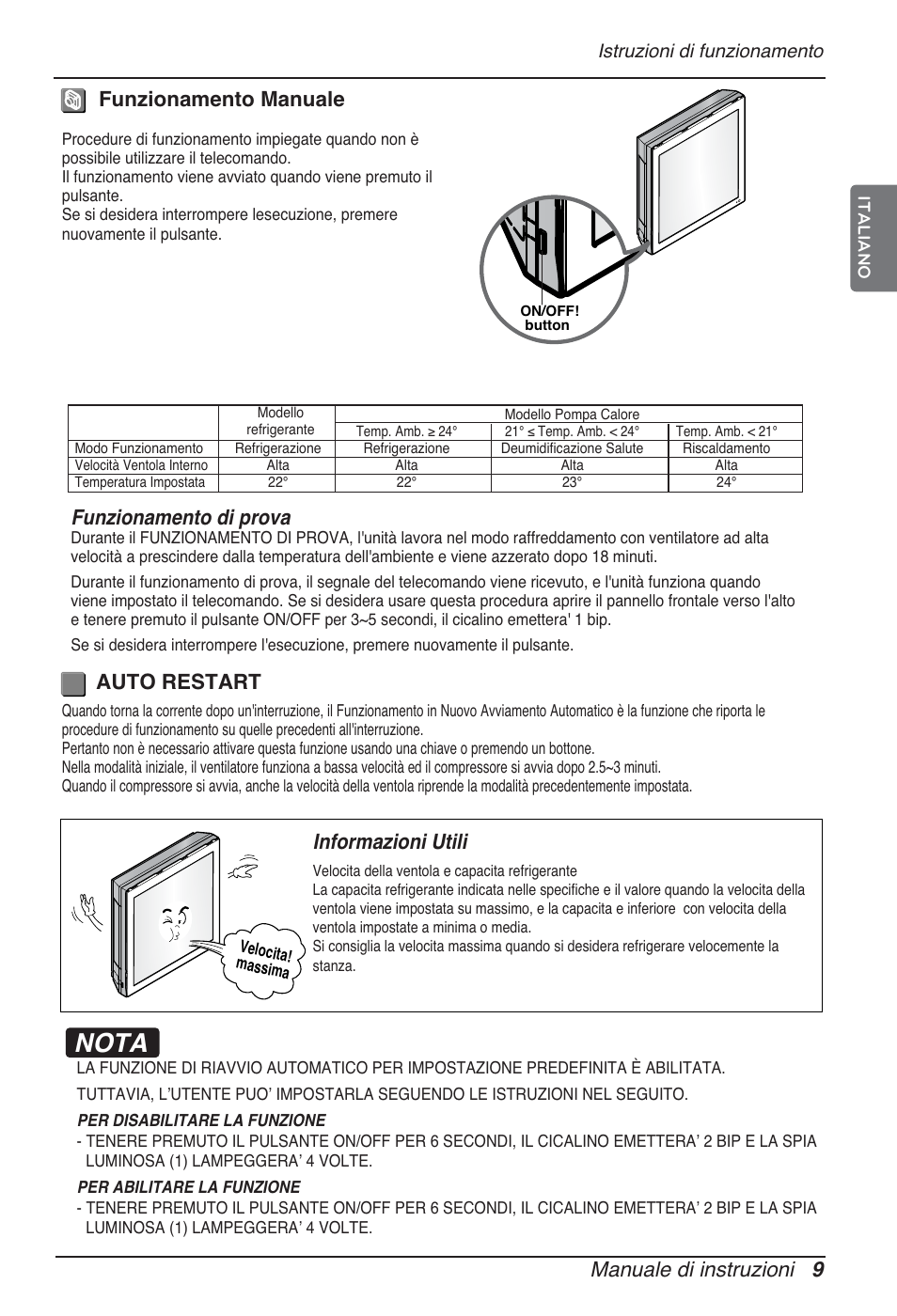 Nota, Manuale di instruzioni 9, Funzionamento manuale | Funzionamento di prova, Auto restart informazioni utili | LG ARNU12GSFV2 User Manual | Page 23 / 267