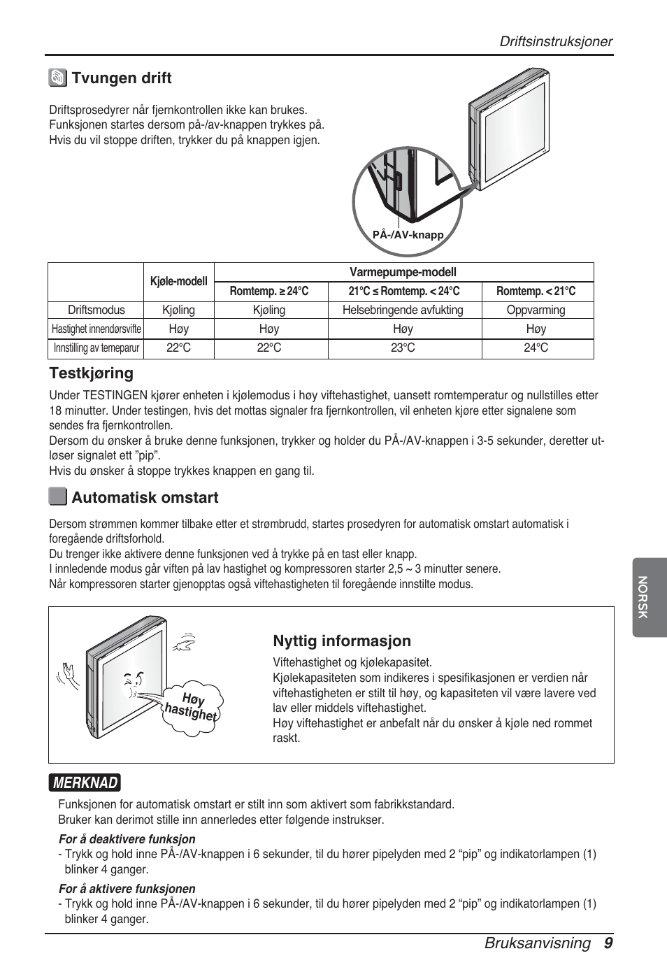 Bruksanvisning 9, Tvungen drift automatisk omstart, Nyttig informasjon | Testkjøring, Merknad | LG ARNU12GSFV2 User Manual | Page 233 / 267