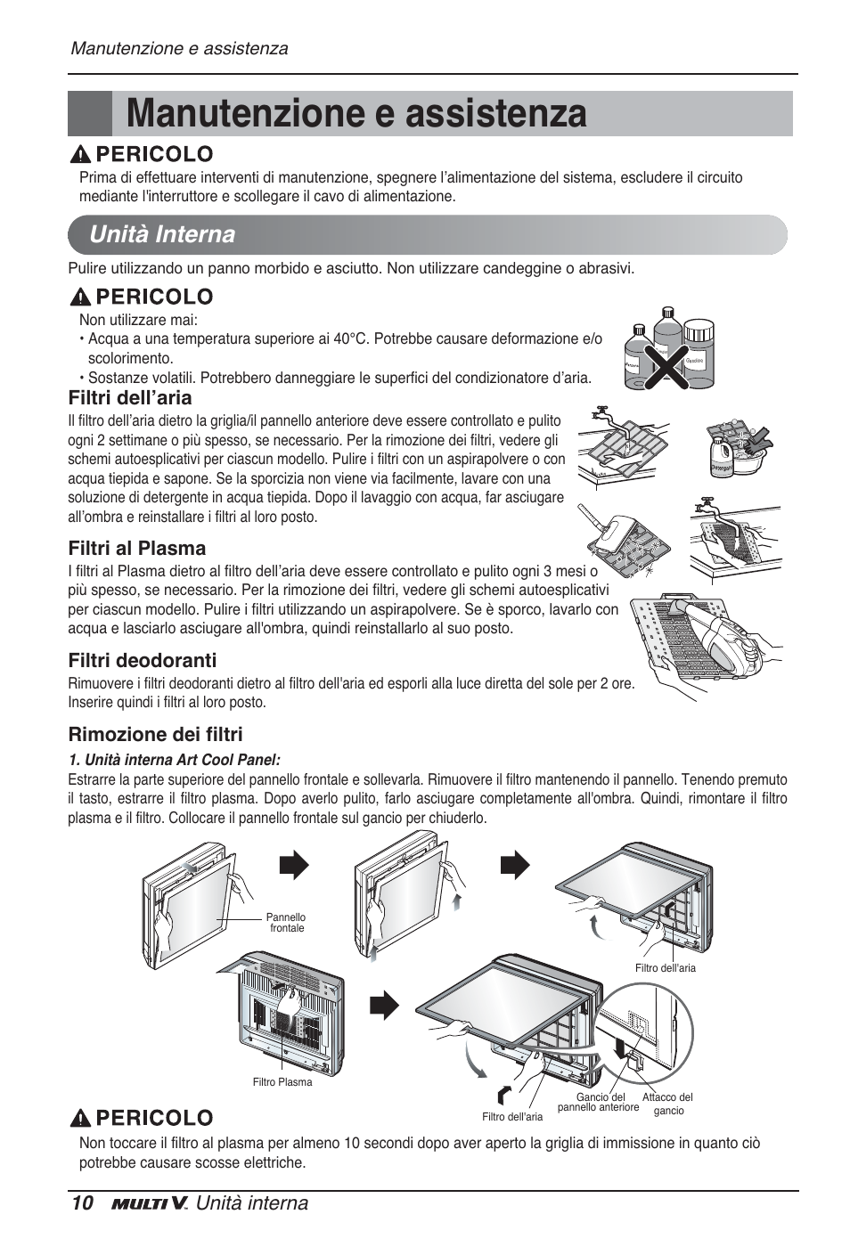 Manutenzione e assistenza, Unità interna, 10 unità interna | Filtri dellʼaria, Filtri al plasma, Filtri deodoranti, Rimozione dei filtri | LG ARNU12GSFV2 User Manual | Page 24 / 267