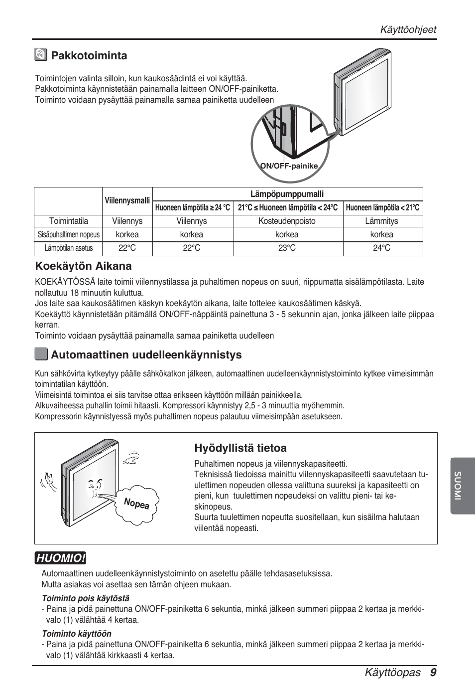 Käyttöopas 9, Pakkotoiminta automaattinen uudelleenkäynnistys, Hyödyllistä tietoa | Koekäytön aikana, Huomio | LG ARNU12GSFV2 User Manual | Page 247 / 267