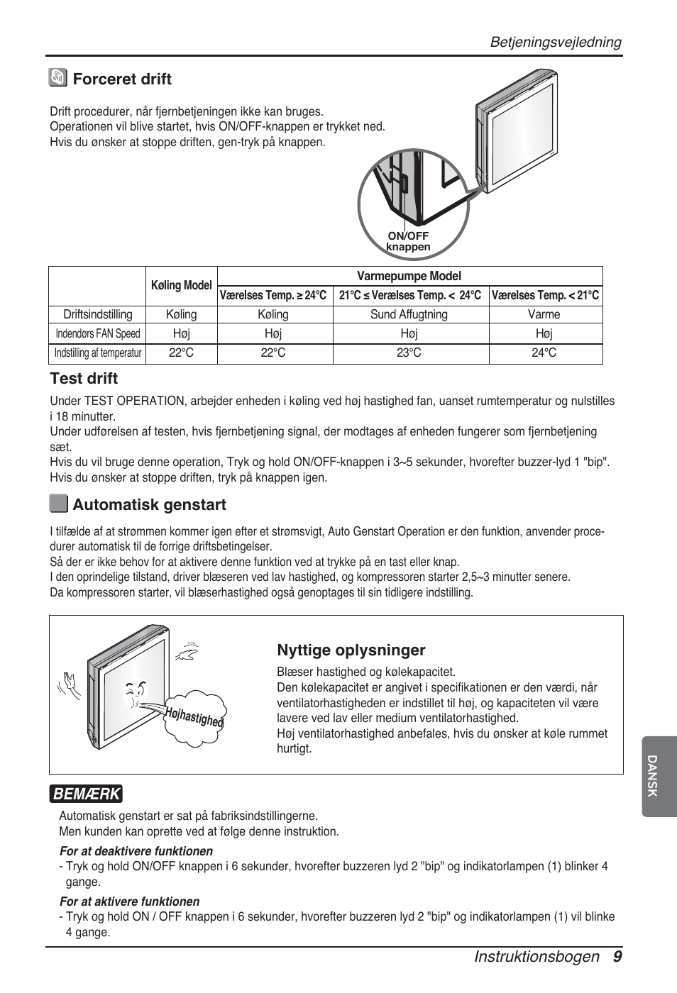 Instruktionsbogen 9, Forceret drift automatisk genstart, Nyttige oplysninger | Test drift, Bemærk | LG ARNU12GSFV2 User Manual | Page 261 / 267