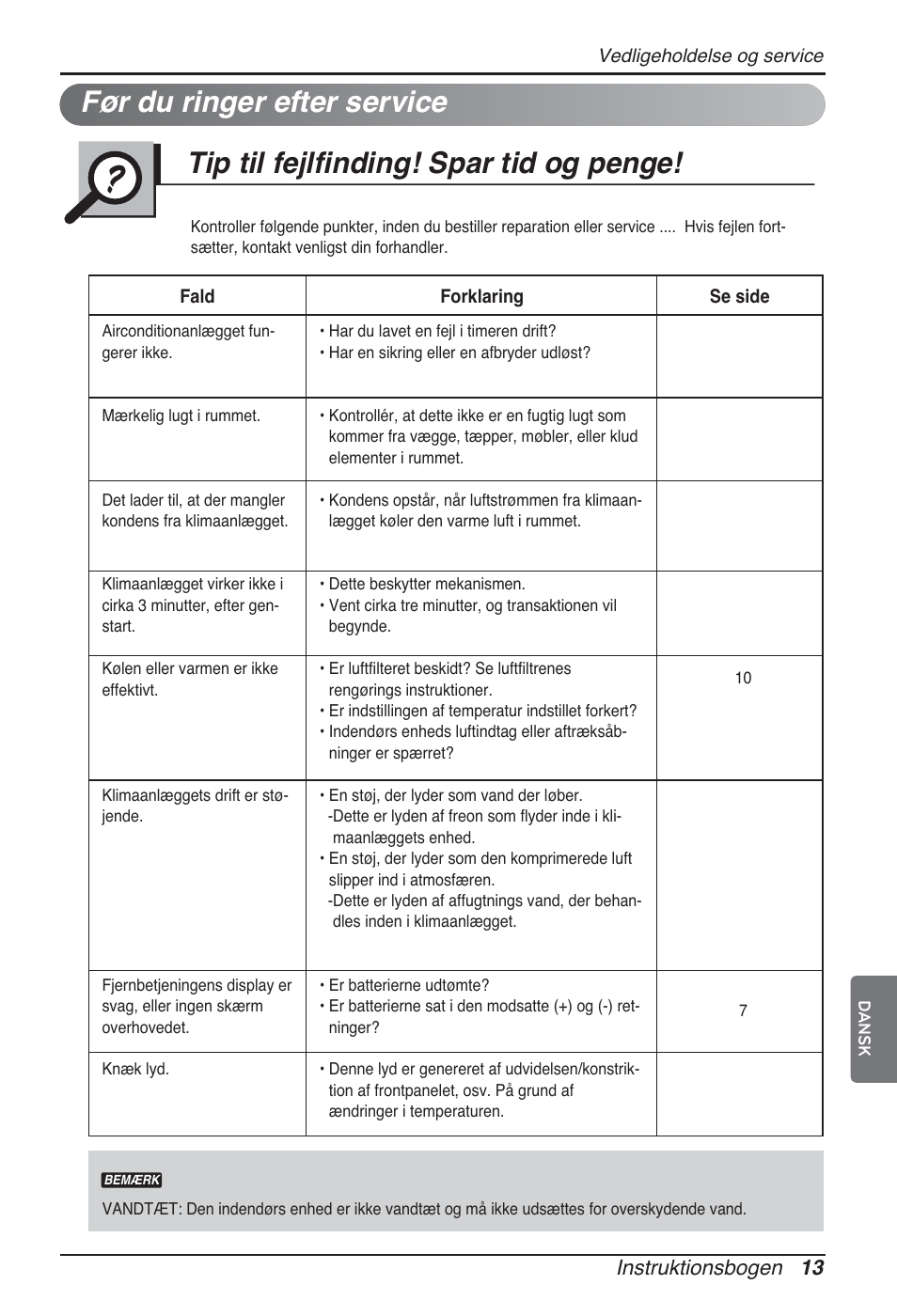 Før du ringer efter service, Tip til fejlfinding! spar tid og penge, Instruktionsbogen 13 | LG ARNU12GSFV2 User Manual | Page 265 / 267