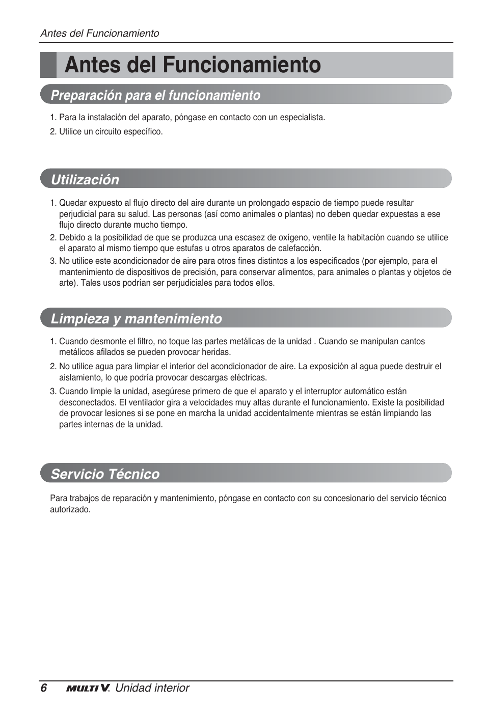 Antes del funcionamiento, Preparación para el funcionamiento, Utilización | Limpieza y mantenimiento, Servicio técnico | LG ARNU12GSFV2 User Manual | Page 34 / 267