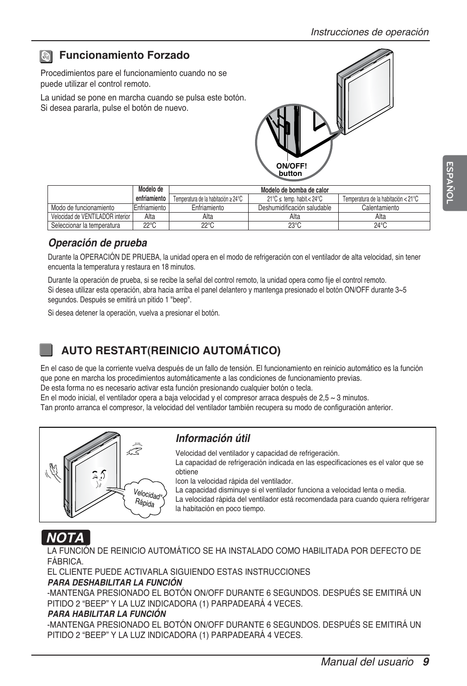 Nota, Manual del usuario 9, Funcionamiento forzado | Información útil | LG ARNU12GSFV2 User Manual | Page 37 / 267