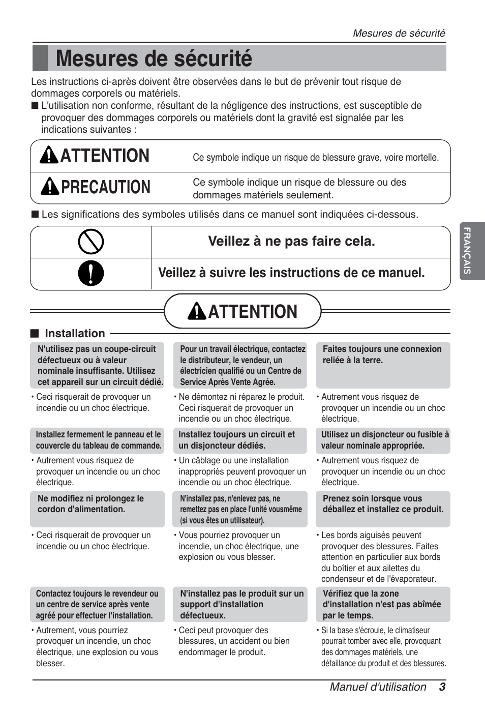 Mesures de sécurité, Attention precaution, Attention | LG ARNU12GSFV2 User Manual | Page 45 / 267