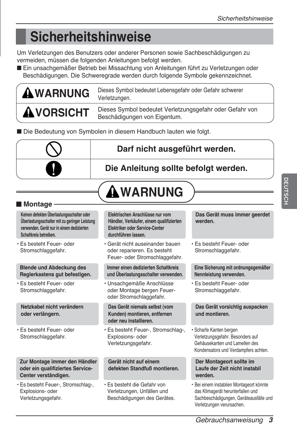 Sicherheitshinweise, Warnung, Warnung vorsicht | LG ARNU12GSFV2 User Manual | Page 59 / 267