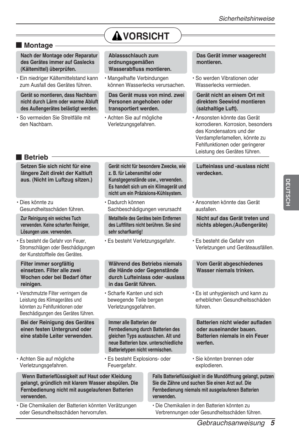 Vorsicht, Gebrauchsanweisung 5, Montage | Betrieb | LG ARNU12GSFV2 User Manual | Page 61 / 267