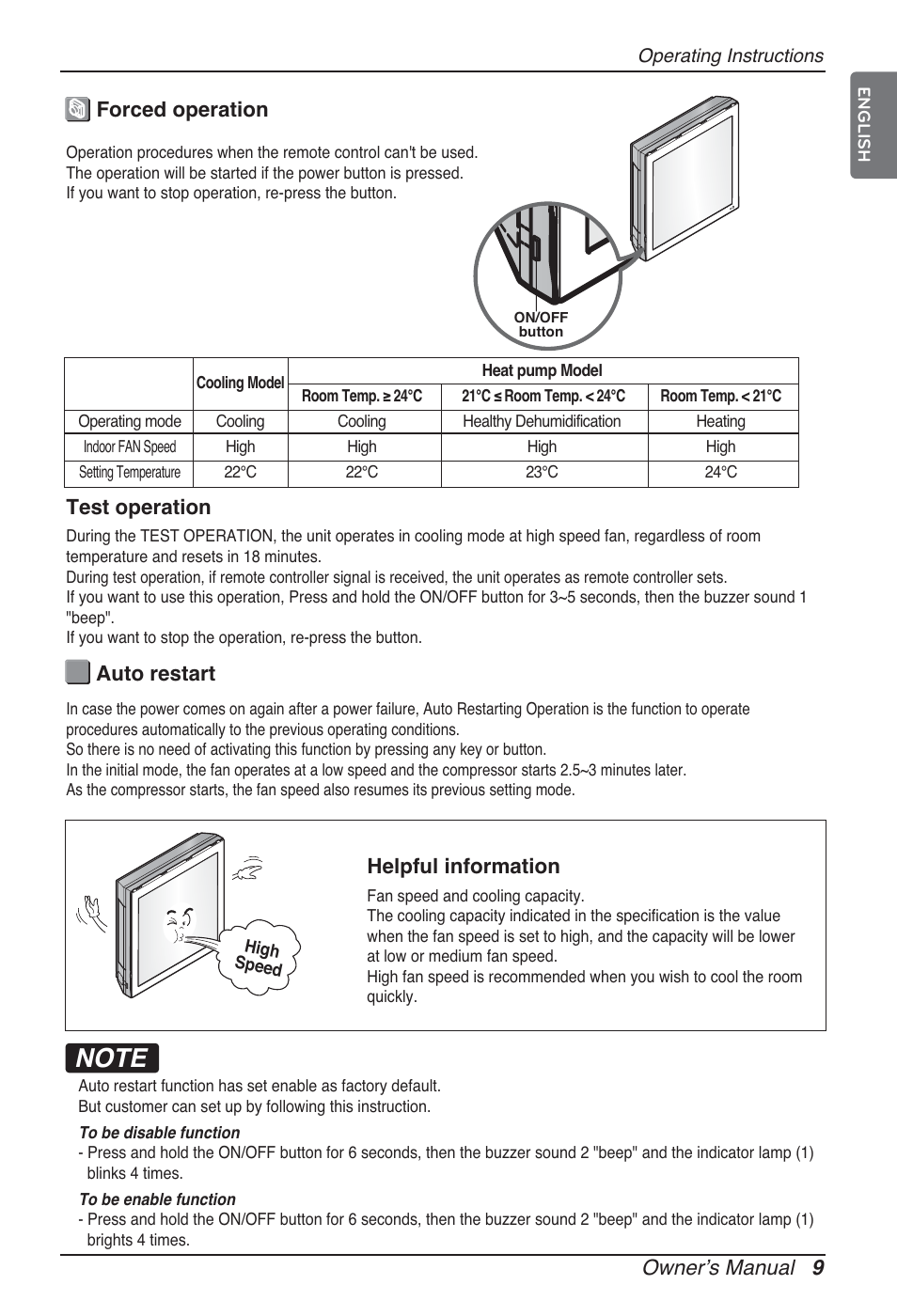 Ownerʼs manual 9, Forced operation auto restart, Helpful information | Test operation | LG ARNU12GSFV2 User Manual | Page 9 / 267