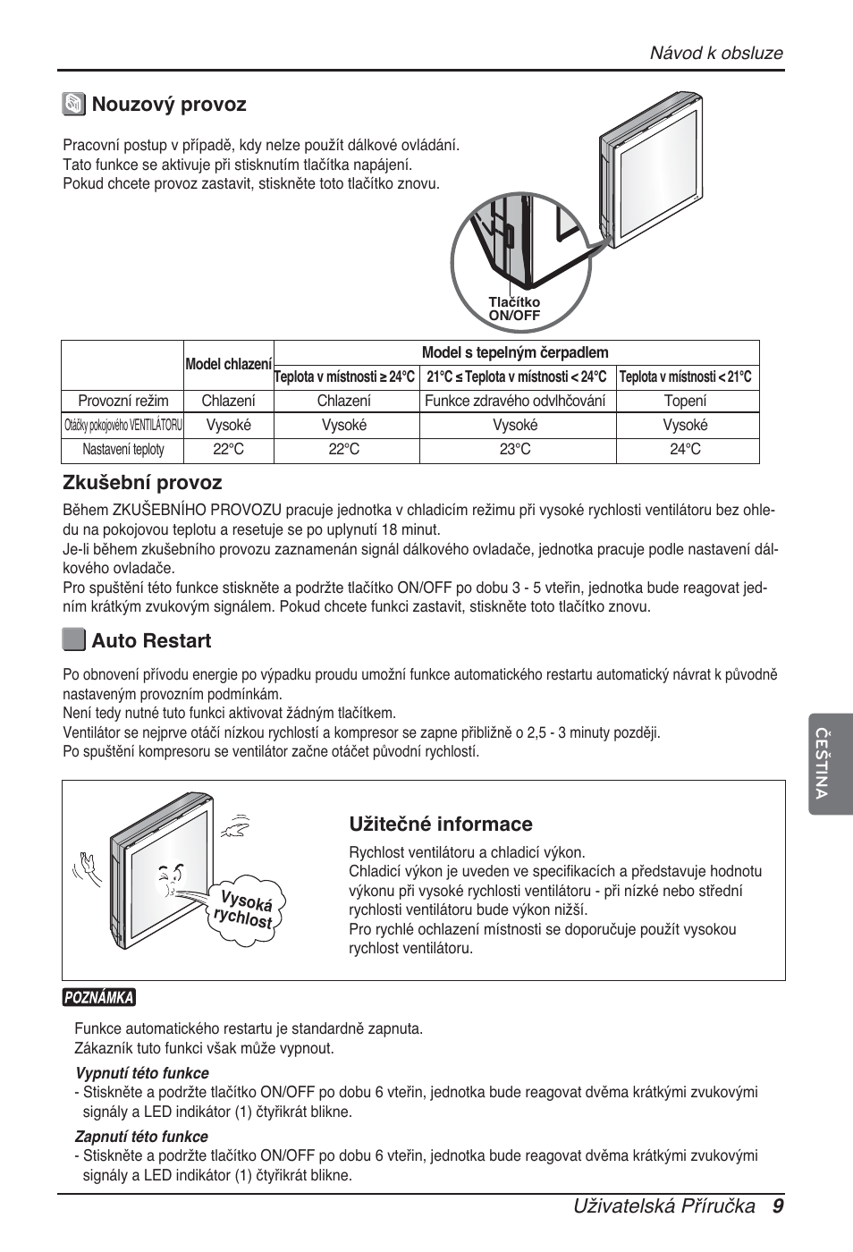 Uživatelská příručka 9, Nouzový provoz auto restart, Užitečné informace | Zkušební provoz | LG ARNU12GSFV2 User Manual | Page 93 / 267