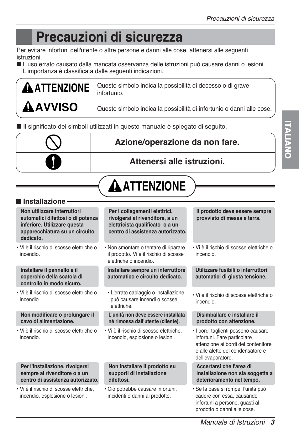 Precauzioni di sicurezza, Attenzione, Attenzione avviso | Italiano | LG ARNU09GSBL2 User Manual | Page 15 / 109