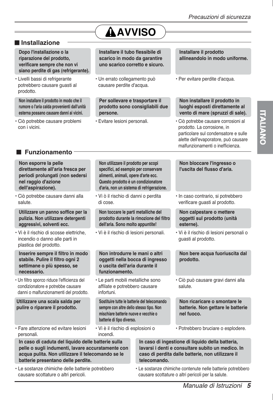 Avviso, Italiano, Manuale di istruzioni 5 n installazione | N funzionamento | LG ARNU09GSBL2 User Manual | Page 17 / 109