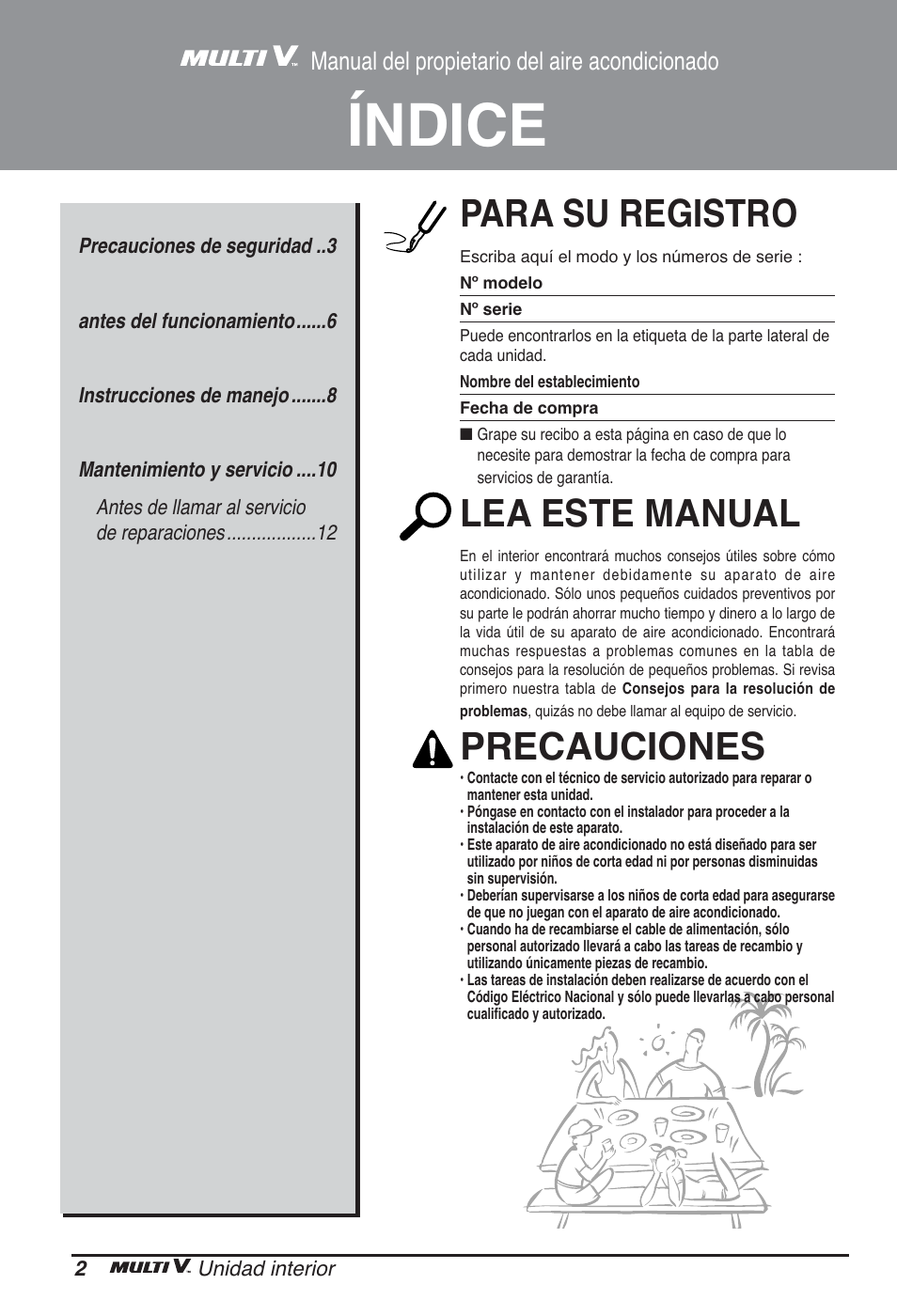 Índice, Para su registro, Lea este manual | Precauciones, Manual del propietario del aire acondicionado | LG ARNU09GSBL2 User Manual | Page 26 / 109