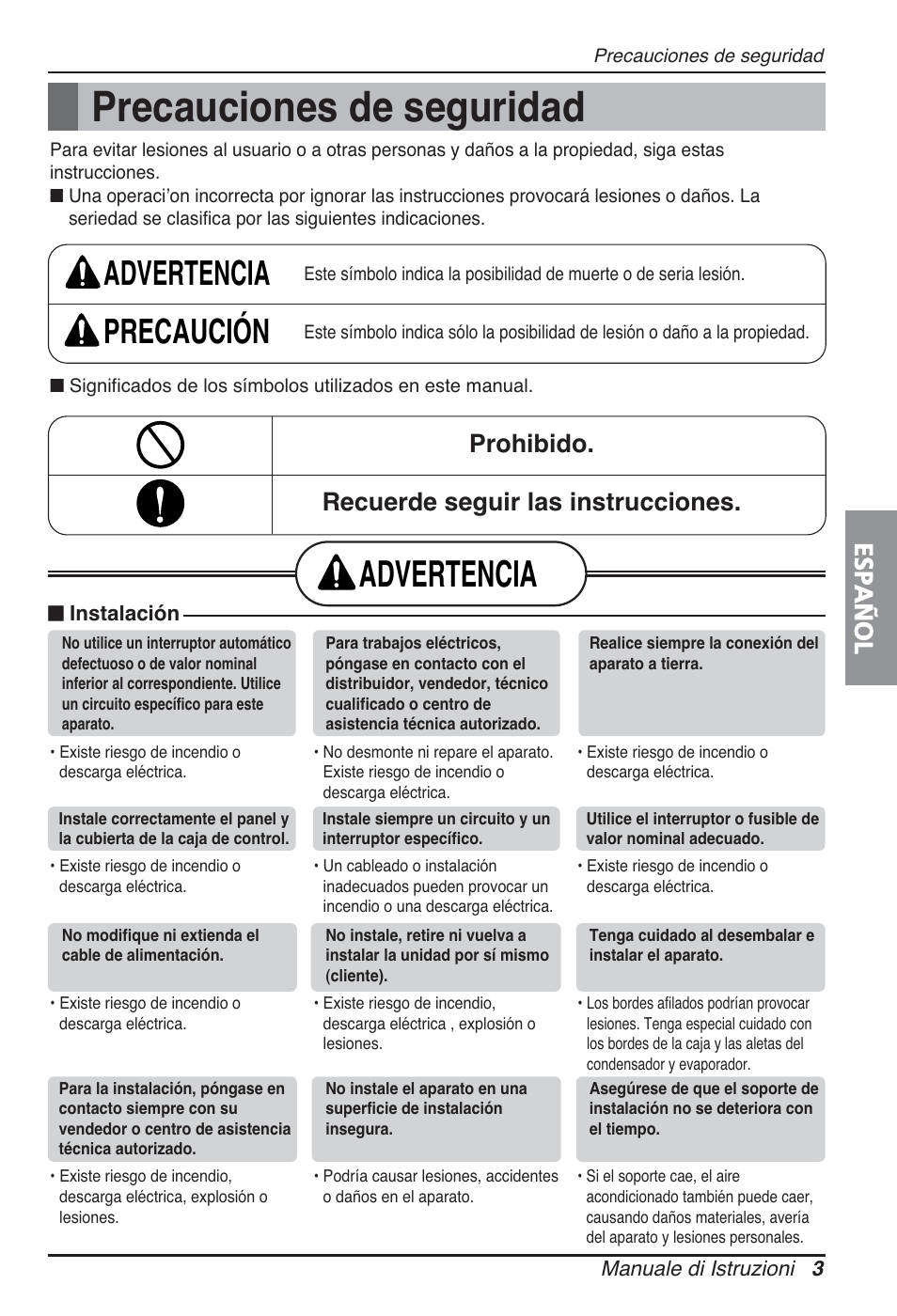 Precauciones de seguridad, Advertencia, Advertencia precaución | Español, Prohibido. recuerde seguir las instrucciones | LG ARNU09GSBL2 User Manual | Page 27 / 109