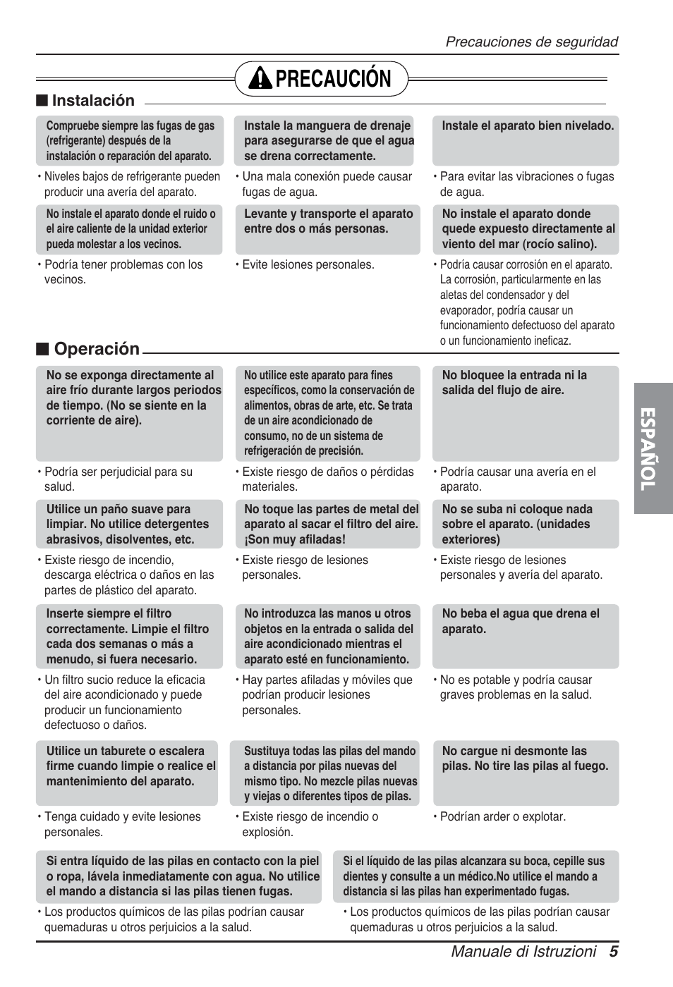 Precaución, Español, N operación | Manuale di istruzioni 5, N instalación | LG ARNU09GSBL2 User Manual | Page 29 / 109