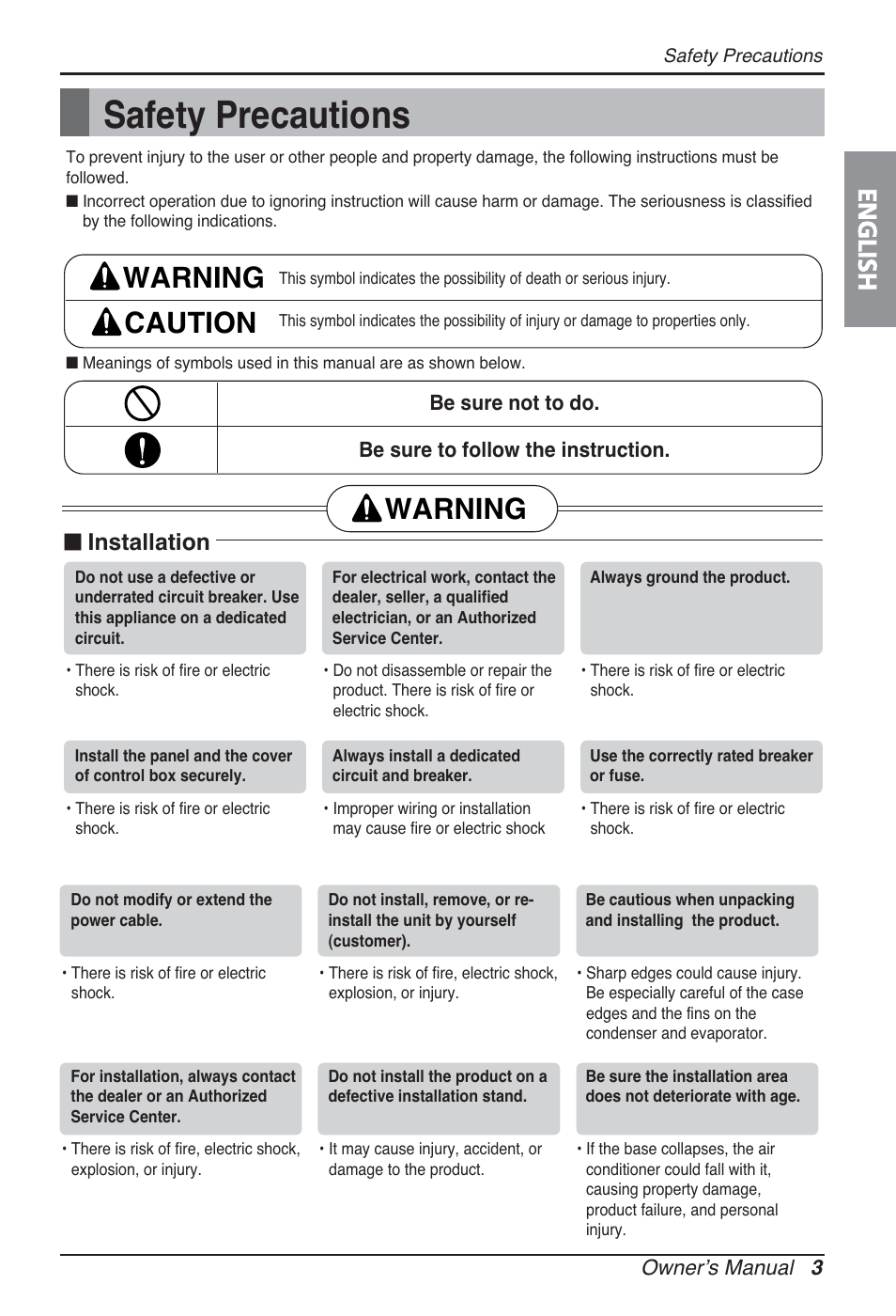 Safety precautions, Warning caution, Warning | English, N installation | LG ARNU09GSBL2 User Manual | Page 3 / 109