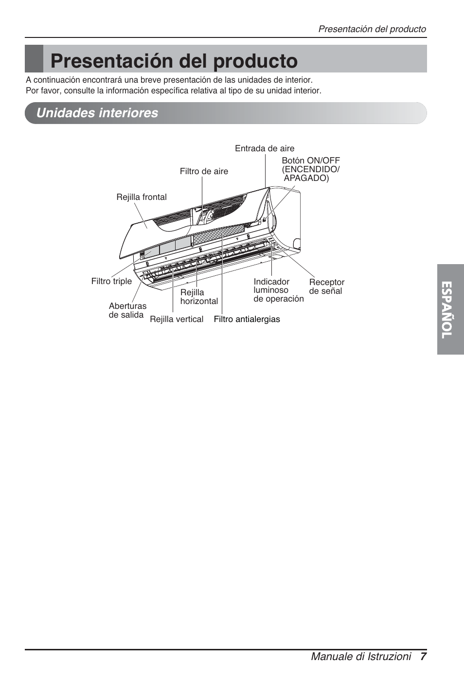 Presentación del producto, Español, Unidades interiores | LG ARNU09GSBL2 User Manual | Page 31 / 109