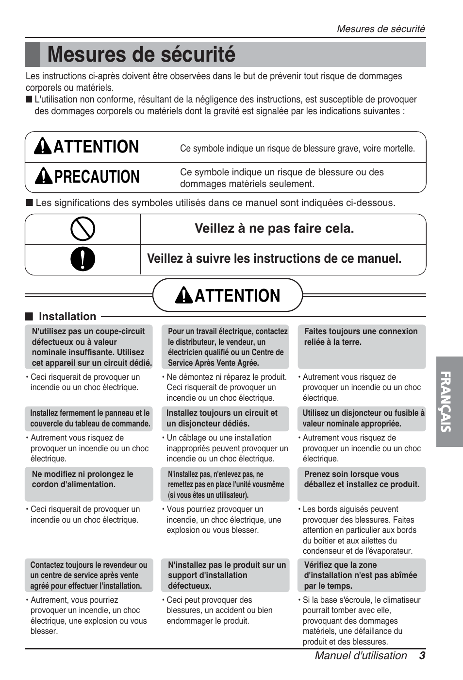 Mesures de sécurité, Attention precaution, Attention | Français | LG ARNU09GSBL2 User Manual | Page 39 / 109