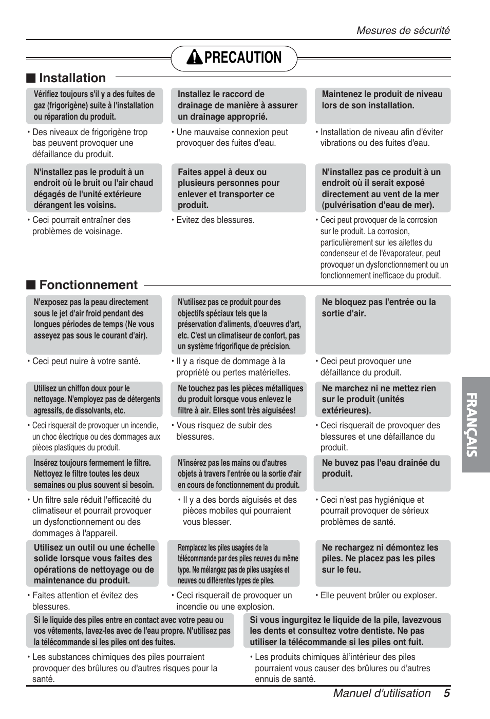 Precaution, Français, N installation | N fonctionnement, Manuel d'utilisation 5 | LG ARNU09GSBL2 User Manual | Page 41 / 109