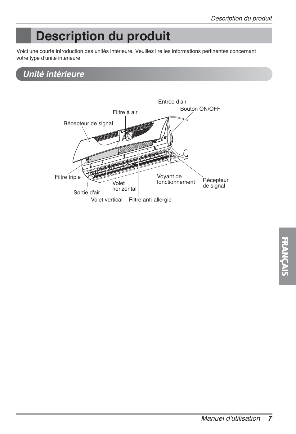 Description du produit, Français, Unité intérieure | LG ARNU09GSBL2 User Manual | Page 43 / 109