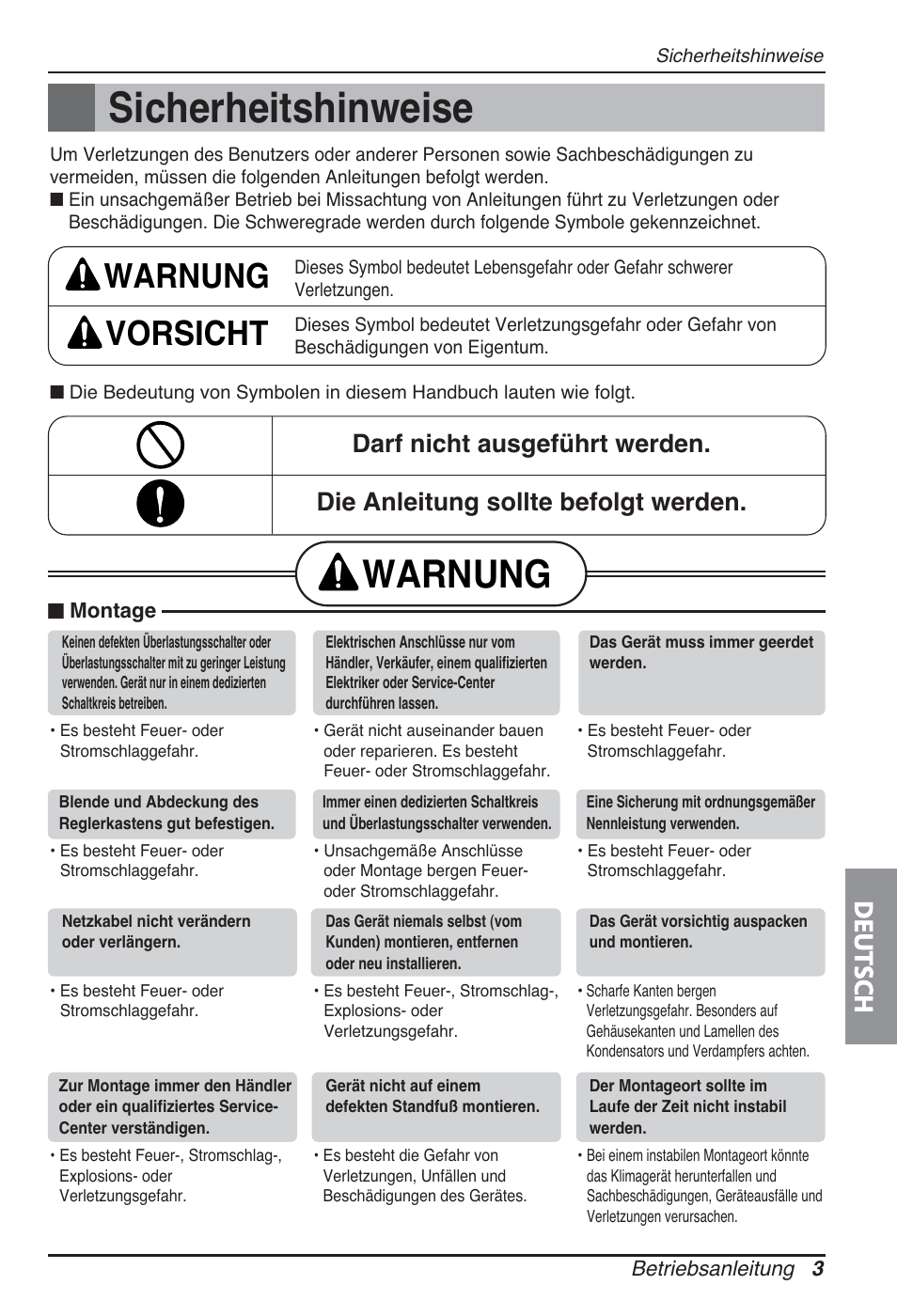 Sicherheitshinweise, Warnung, Warnung vorsicht | Deutsch | LG ARNU09GSBL2 User Manual | Page 51 / 109