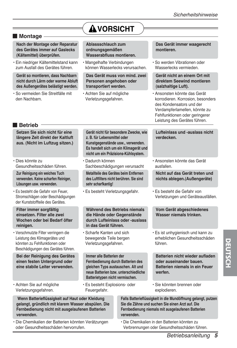 Vorsicht, Deutsch, Betriebsanleitung 5 | Montage, Betrieb | LG ARNU09GSBL2 User Manual | Page 53 / 109