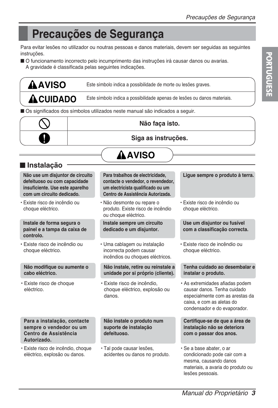 Precauções de segurança, Aviso cuidado, Aviso | Portuguese, N instalação | LG ARNU09GSBL2 User Manual | Page 63 / 109