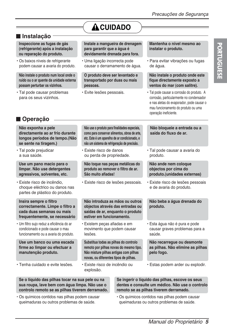 Cuidado, Portuguese, N instalação | N operação, Manual do proprietário 5 | LG ARNU09GSBL2 User Manual | Page 65 / 109