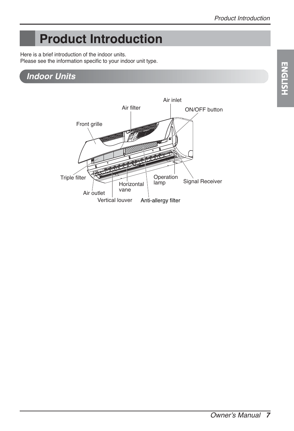 Product introduction, English, Indoor units | LG ARNU09GSBL2 User Manual | Page 7 / 109