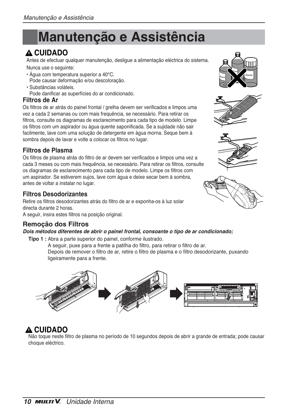 Manutenção e assistência, Cuidado | LG ARNU09GSBL2 User Manual | Page 70 / 109