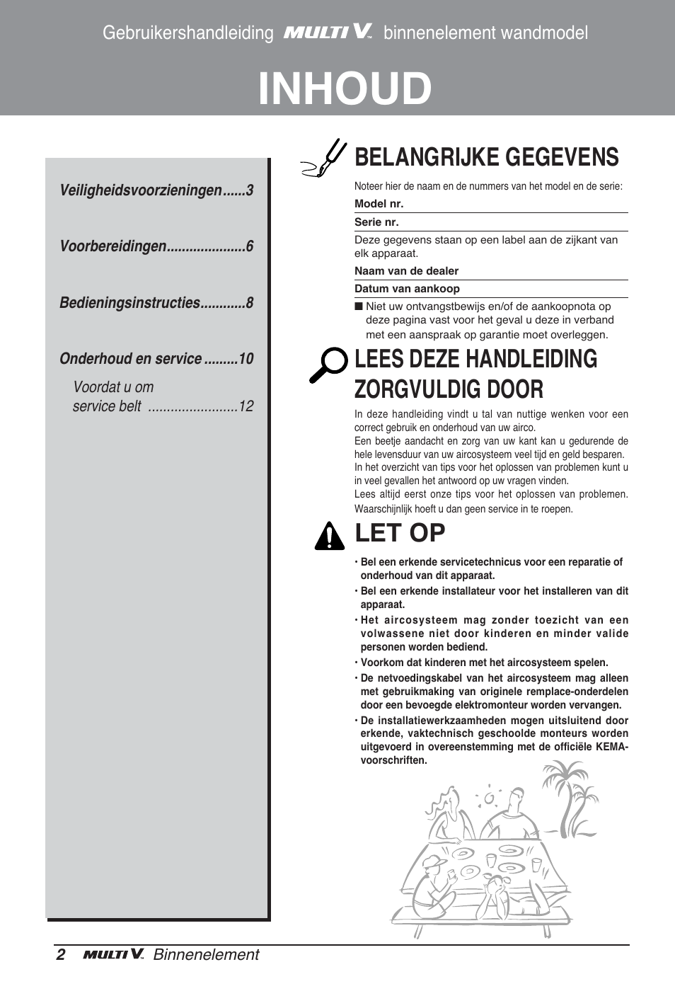 Inhoud, Belangrijke gegevens, Lees deze handleiding zorgvuldig door | Let op, Gebruikershandleiding binnenelement wandmodel | LG ARNU09GSBL2 User Manual | Page 86 / 109