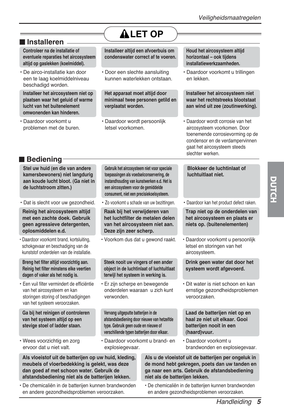 Let op, Dutch, N installeren | N bediening, Handleiding 5 | LG ARNU09GSBL2 User Manual | Page 89 / 109