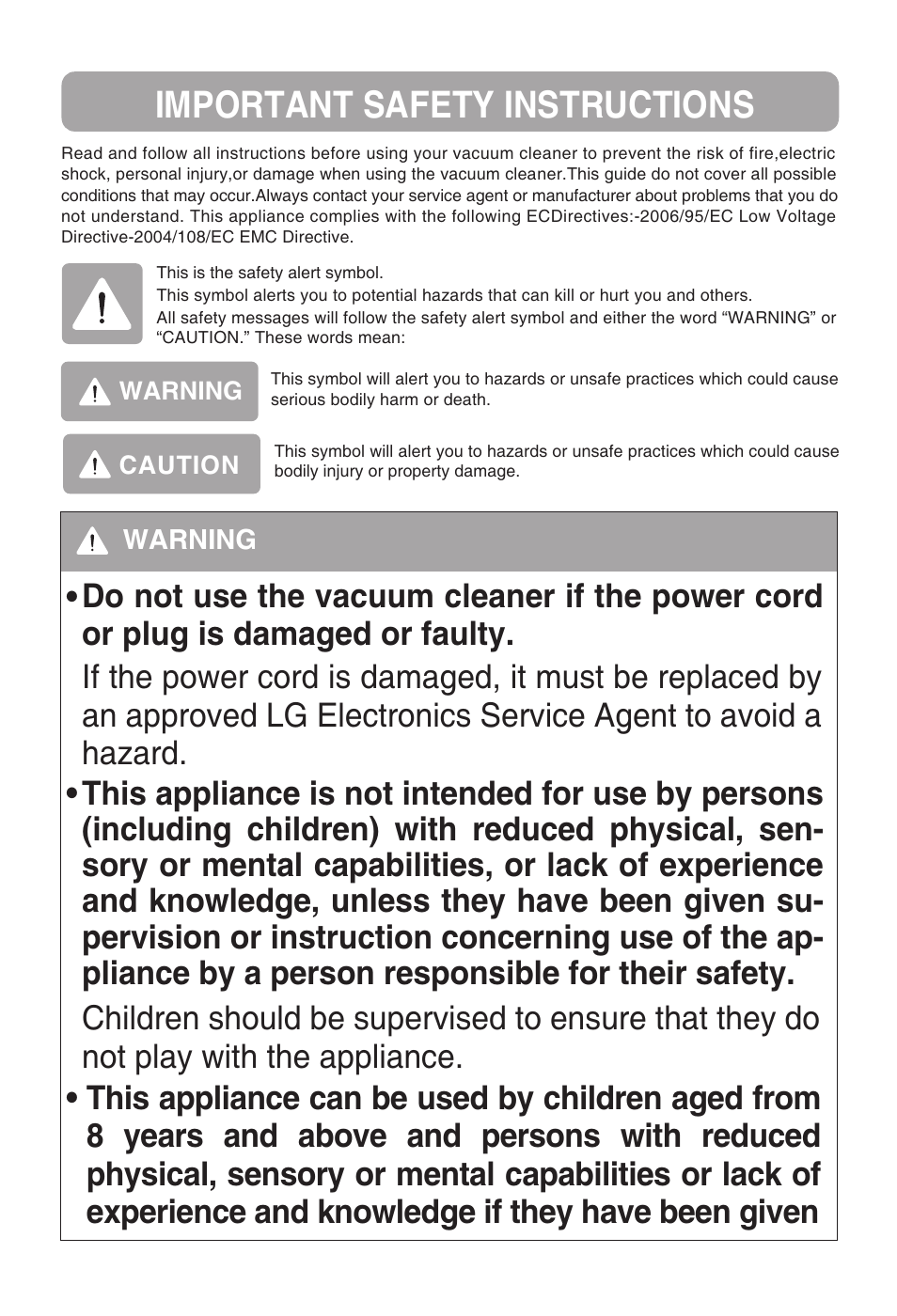 Important safety instructions | LG VC2320NNTQ User Manual | Page 7 / 22