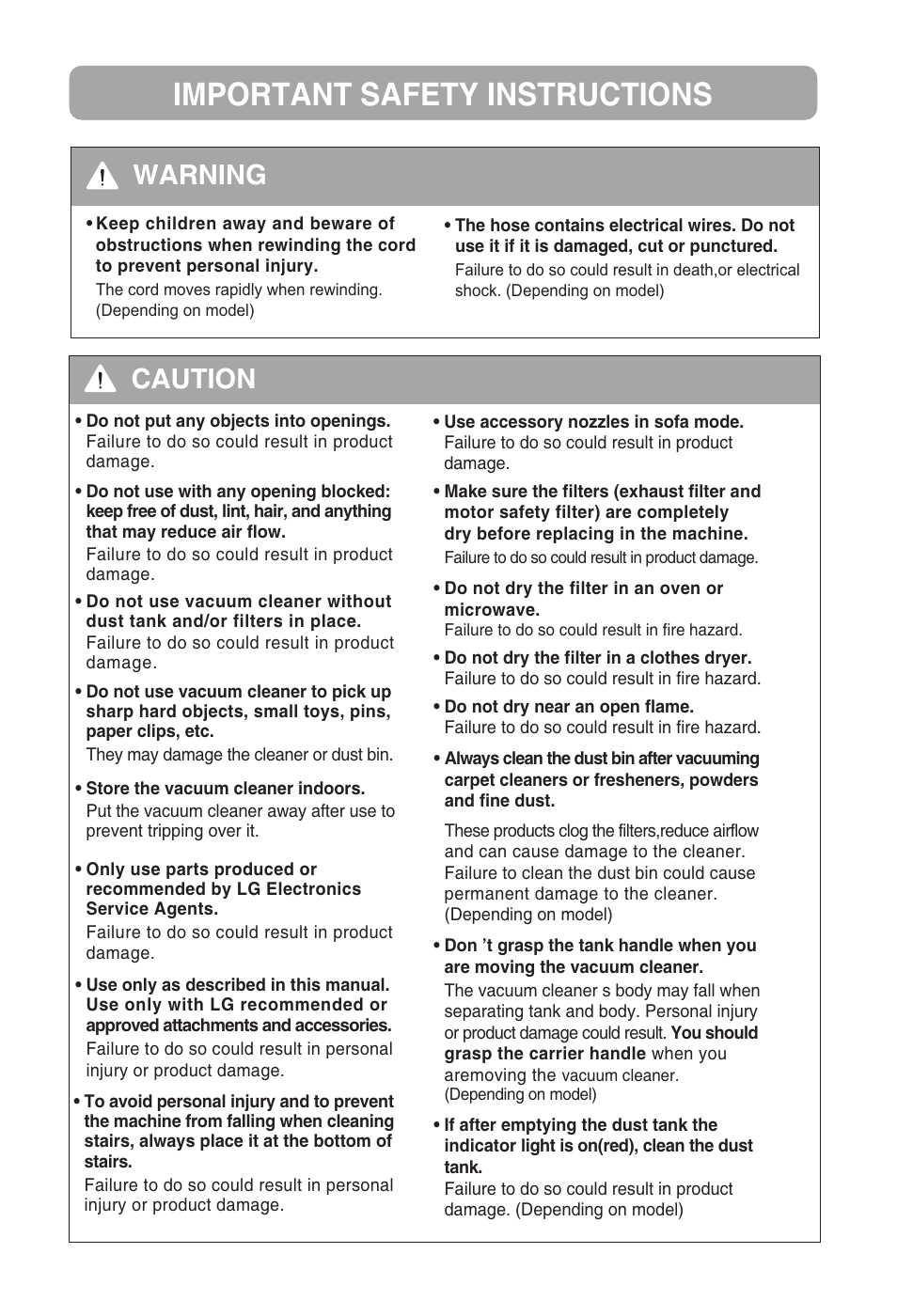 Important safety instructions, Caution, Warning | LG VC2320NNTQ User Manual | Page 9 / 22