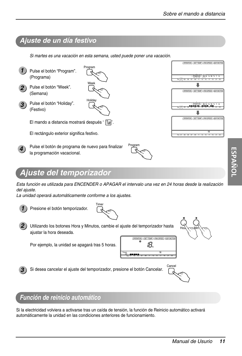 Ajuste del temporizador, Español, Ajuste de un día festivo | Función de reinicio automático, Sobre el mando a distancia manual de usurio 11, Pulse el botón “week”. (semana) | LG B120AH User Manual | Page 11 / 25