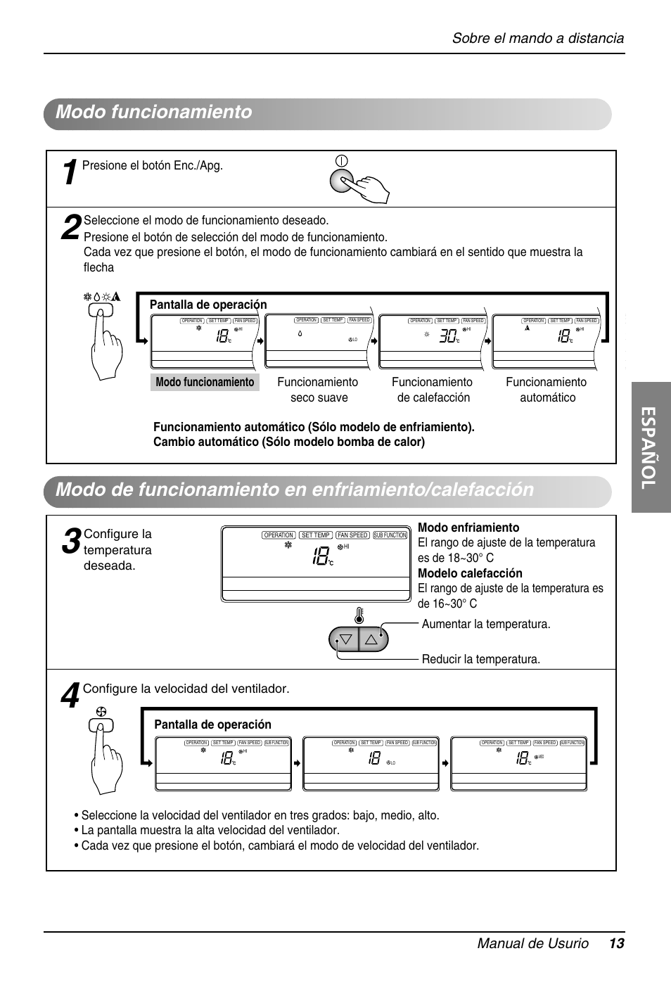 Español, Sobre el mando a distancia manual de usurio 13, Pantalla de operación | Presione el botón enc./apg, Configure la velocidad del ventilador | LG B120AH User Manual | Page 13 / 25