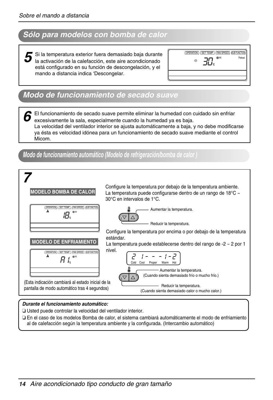 Aire acondicionado tipo conducto de gran tamaño, Sobre el mando a distancia 14, Modelo bomba de calor | Modelo de enfriamiento | LG B120AH User Manual | Page 14 / 25