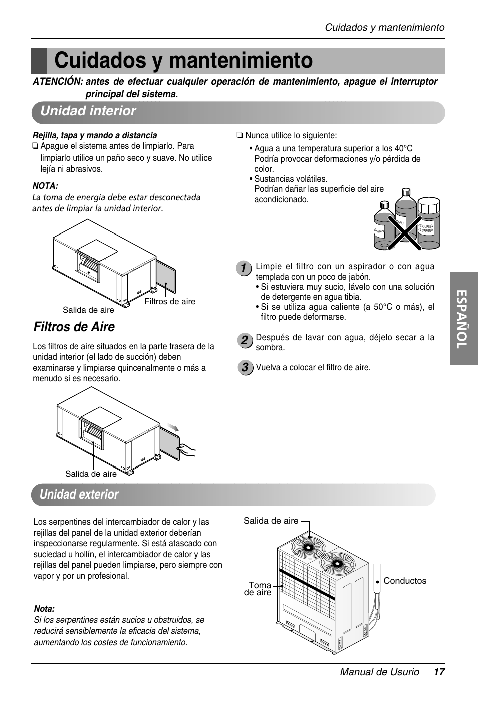 Cuidados y mantenimiento, Español, Unidad interior | Filtros de aire, Unidad exterior | LG B120AH User Manual | Page 17 / 25